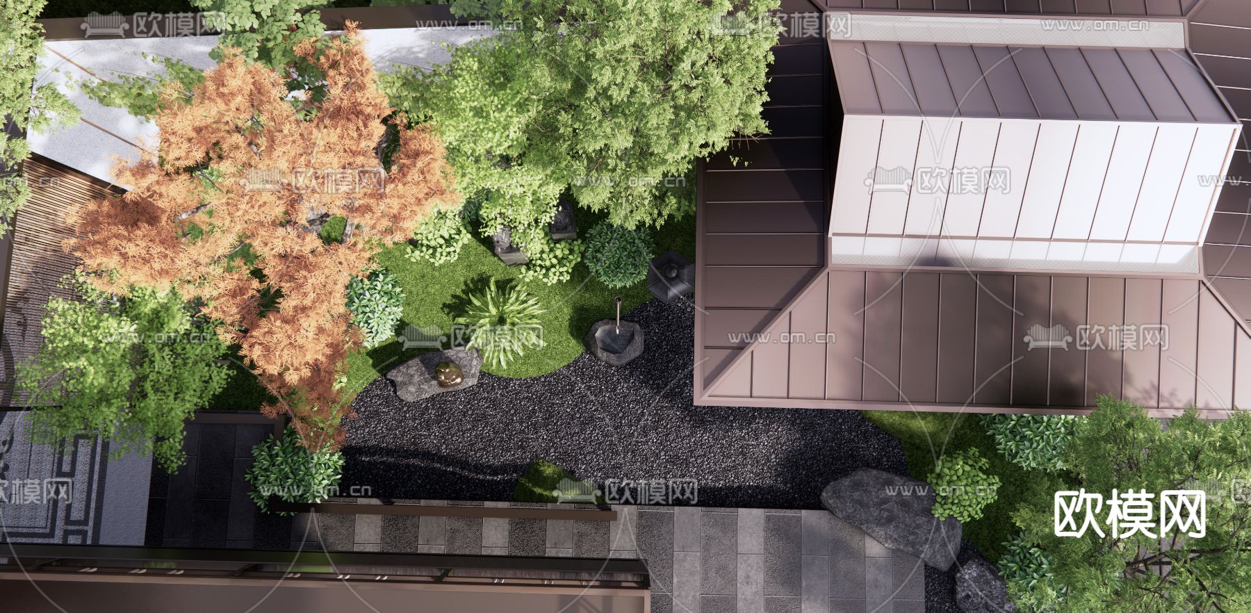 新中式庭院花园3d模型下载（渲染图2）