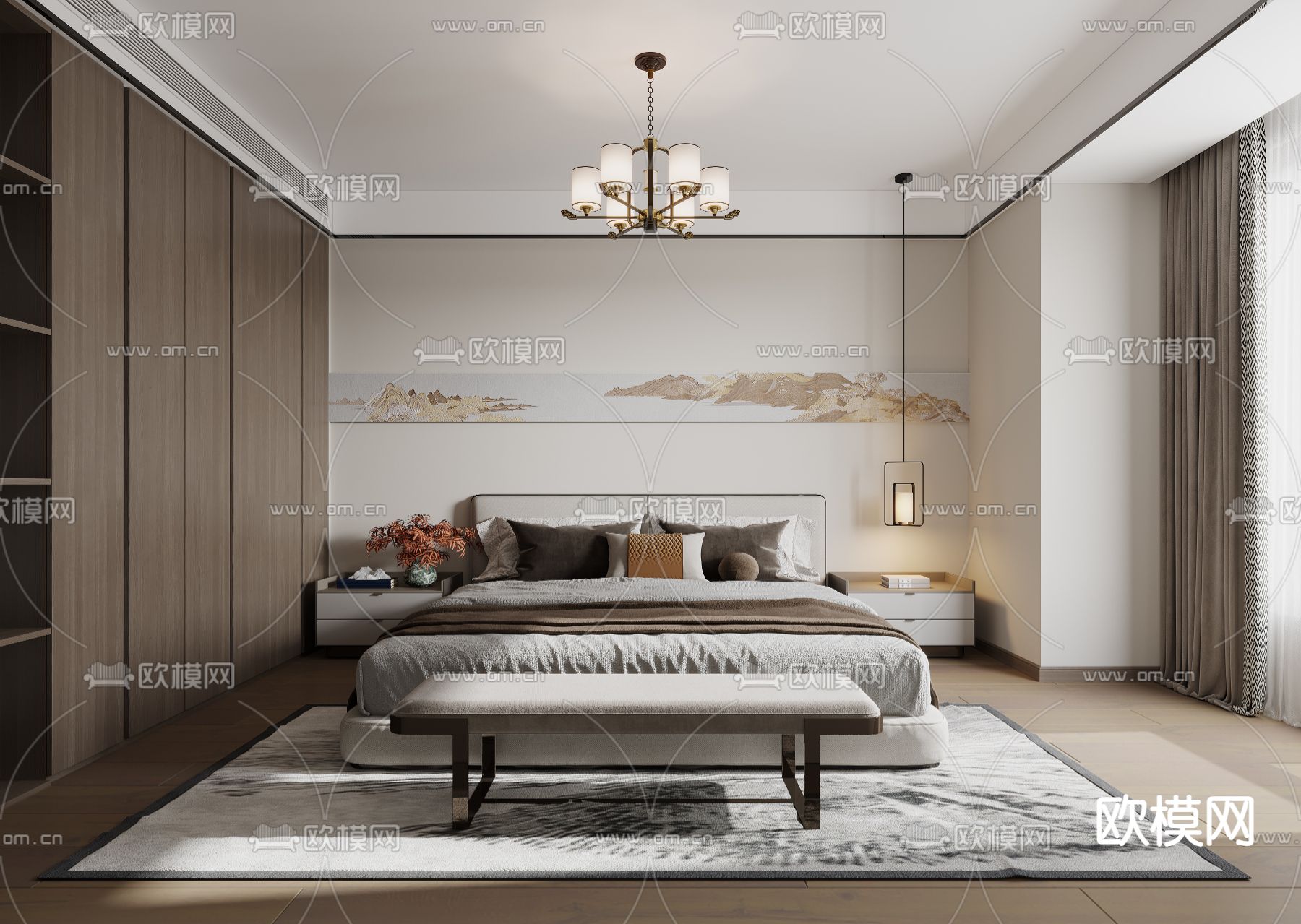 新中式卧室 次卧3d模型下载（渲染图1）