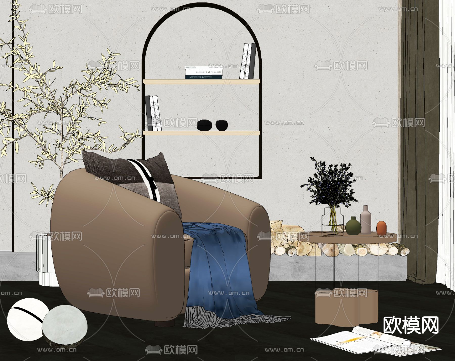 现代轻奢单人沙发角几su模型下载（渲染图2）