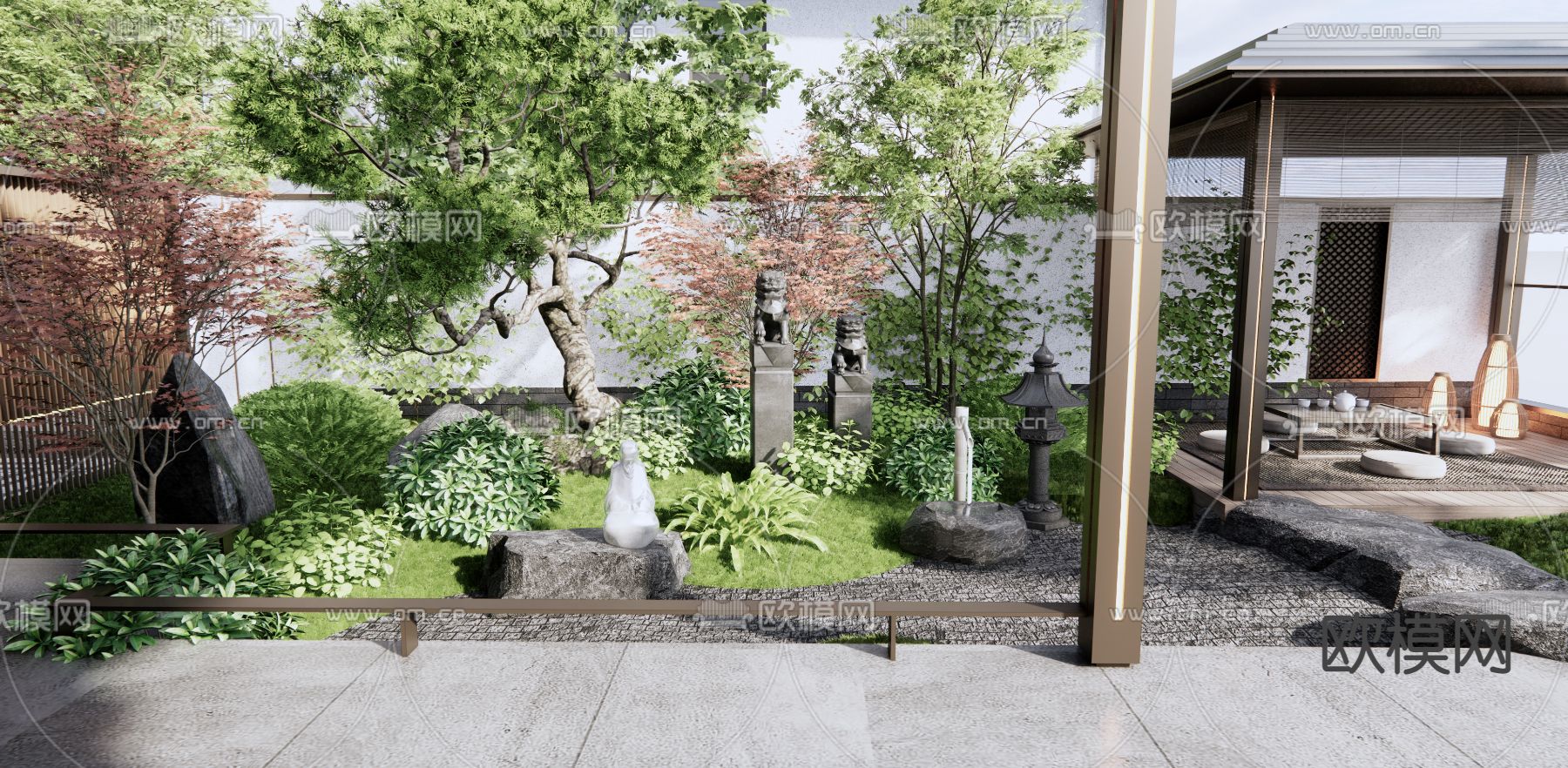 新中式别墅庭院花园3d模型下载（渲染图3）