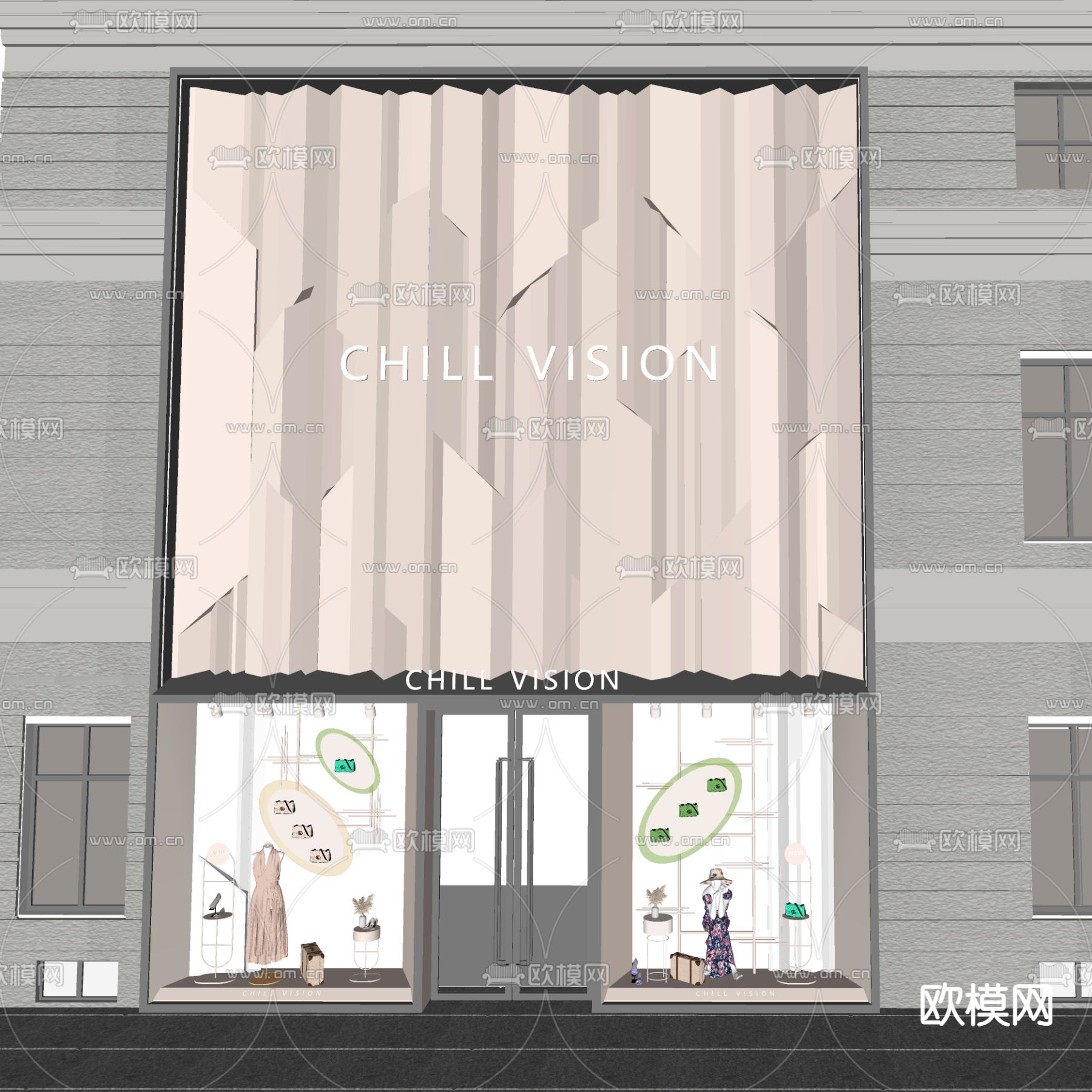 轻奢服装店门头su模型下载（渲染图2）