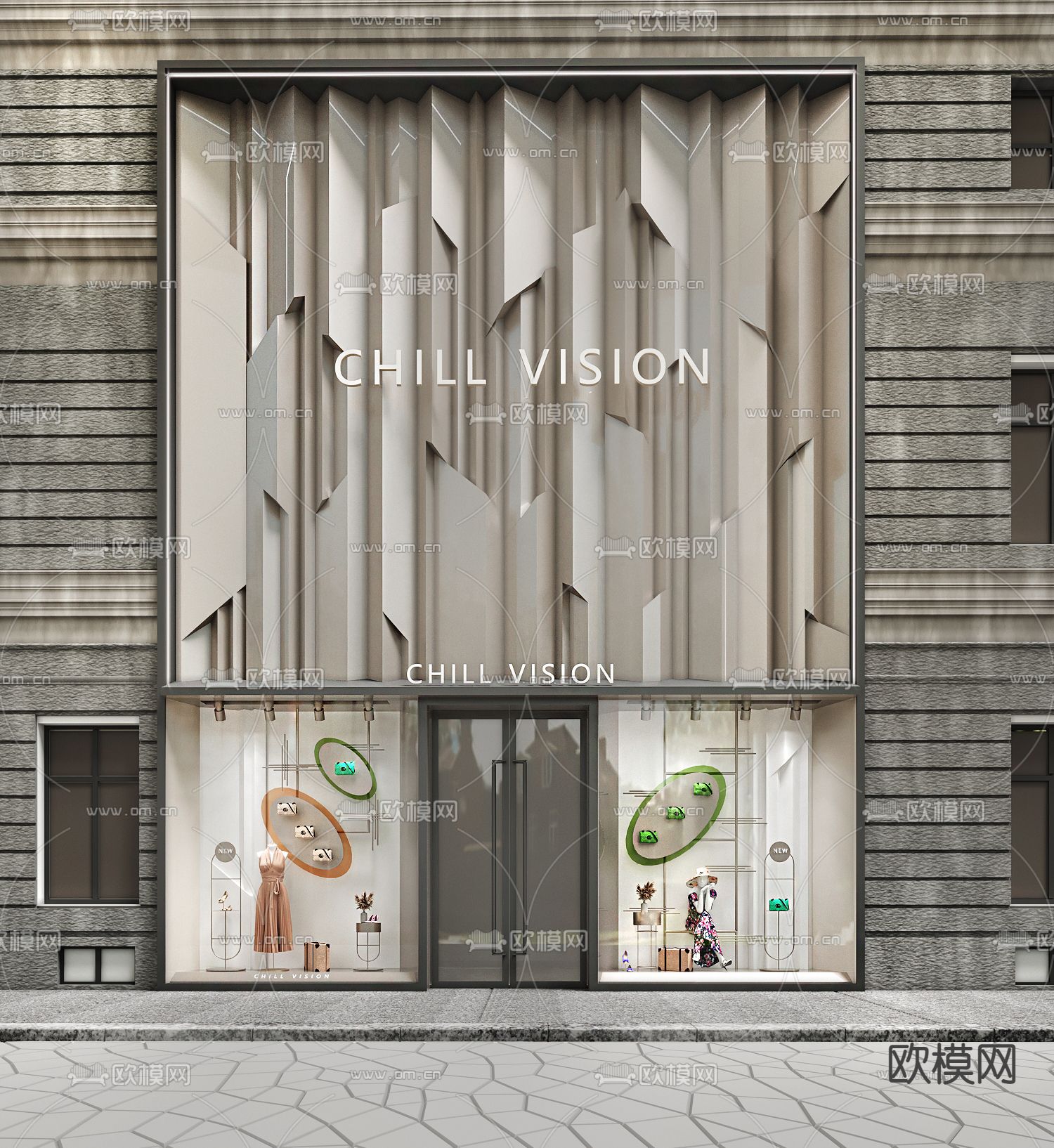 轻奢服装店门头su模型下载（渲染图1）