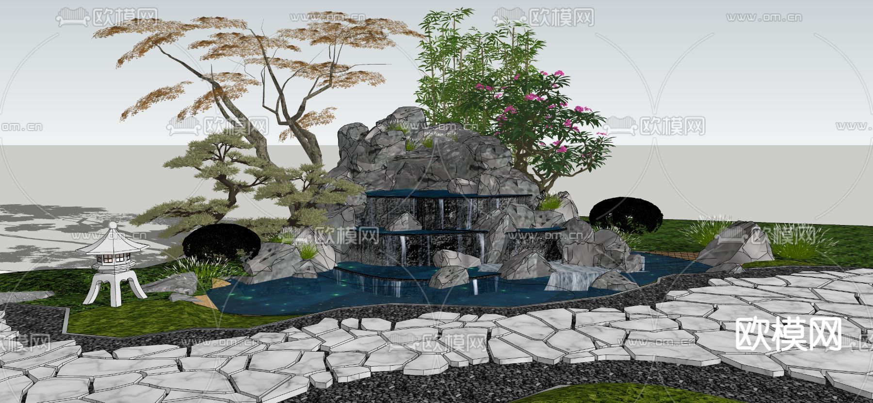 新中式假山水景庭院小品su模型下载（渲染图2）