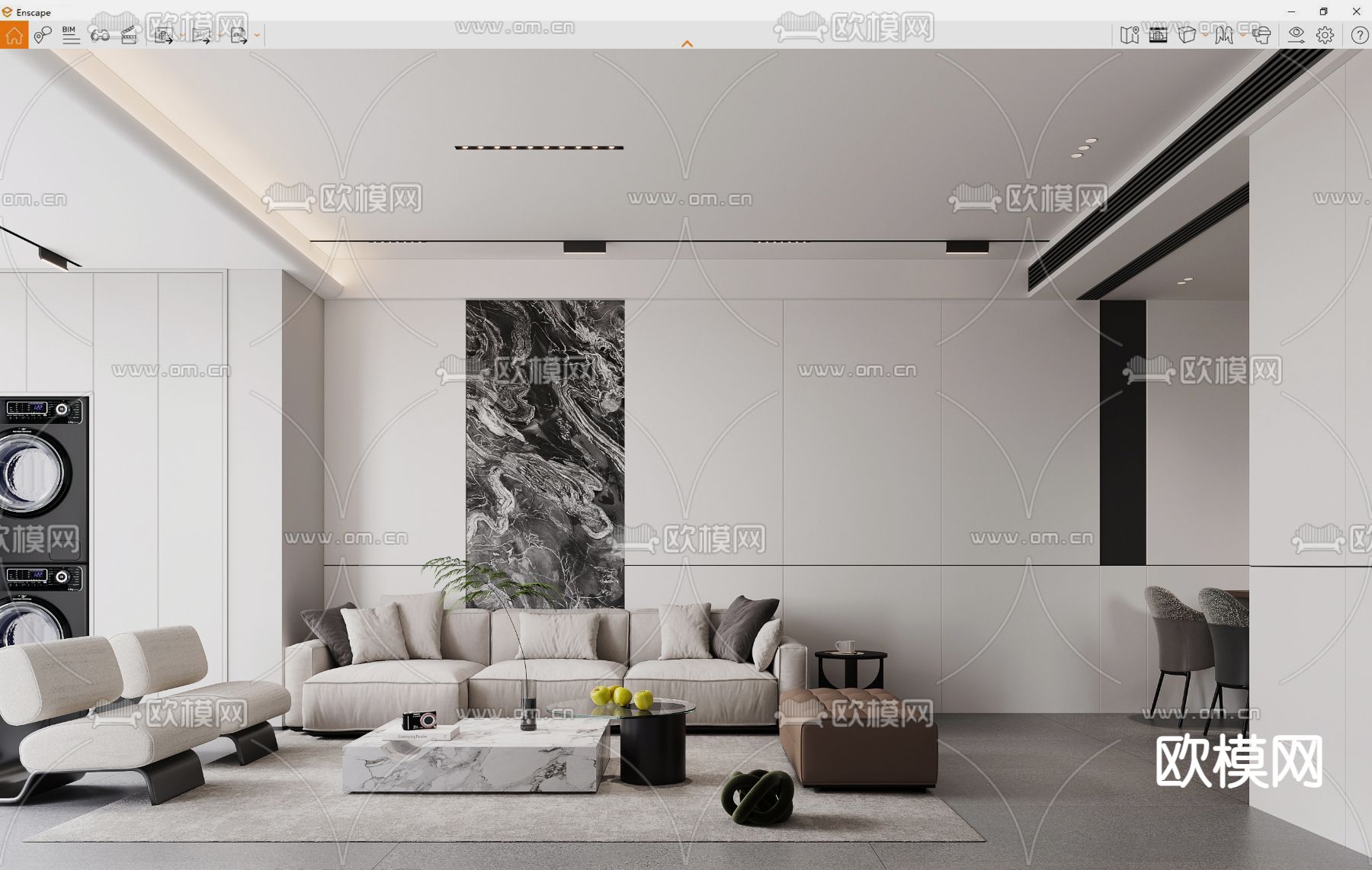 现代客厅餐厅su模型下载（渲染图2）