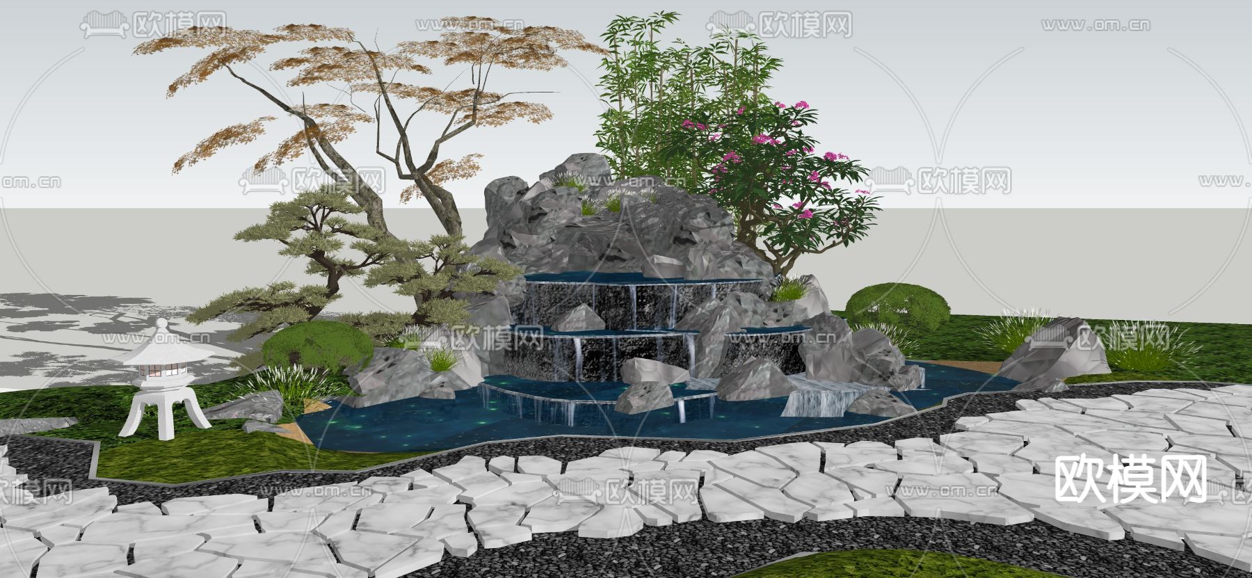 新中式假山水景庭院小品su模型下载（渲染图1）