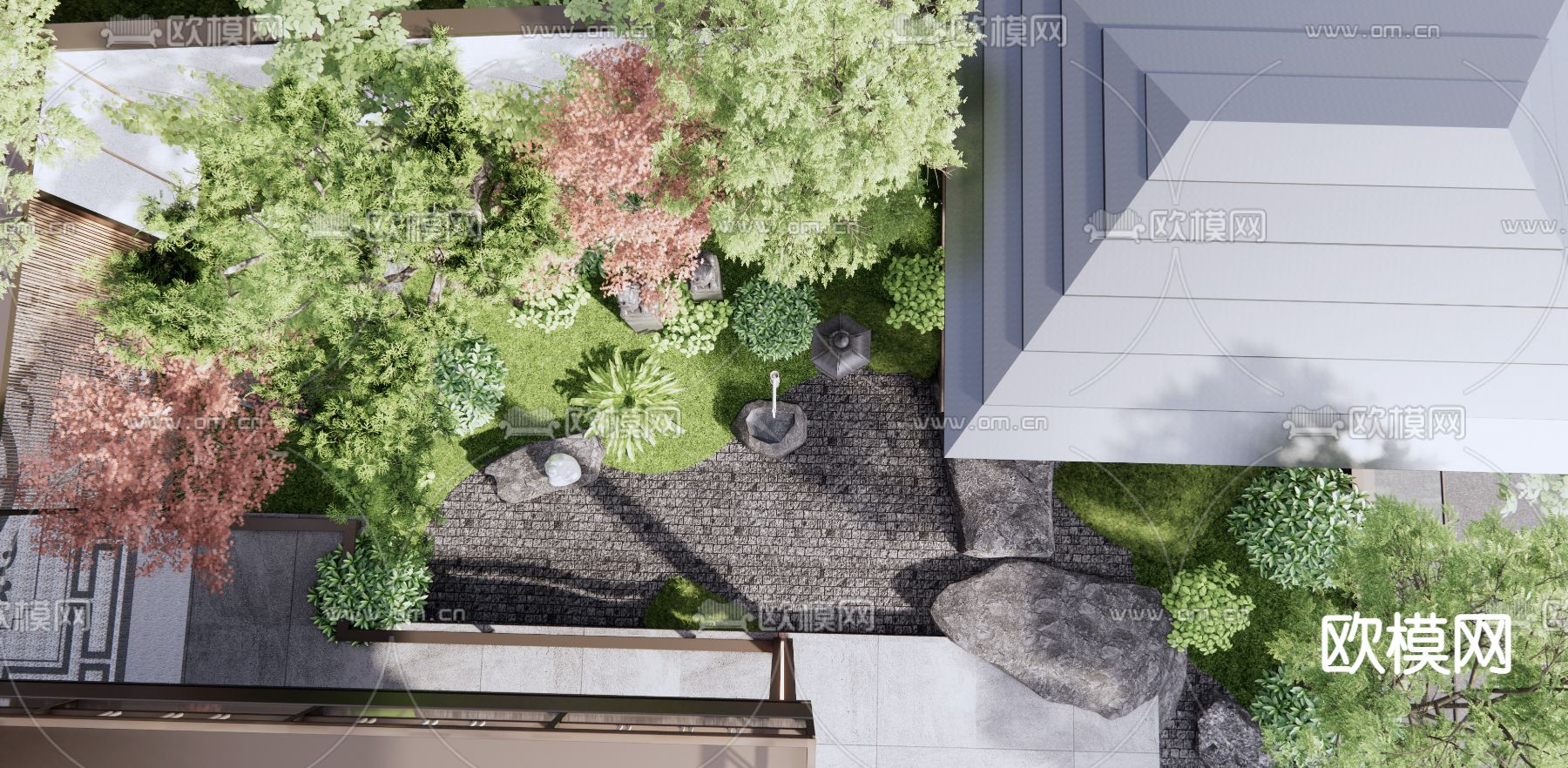 新中式别墅庭院花园3d模型下载（渲染图2）