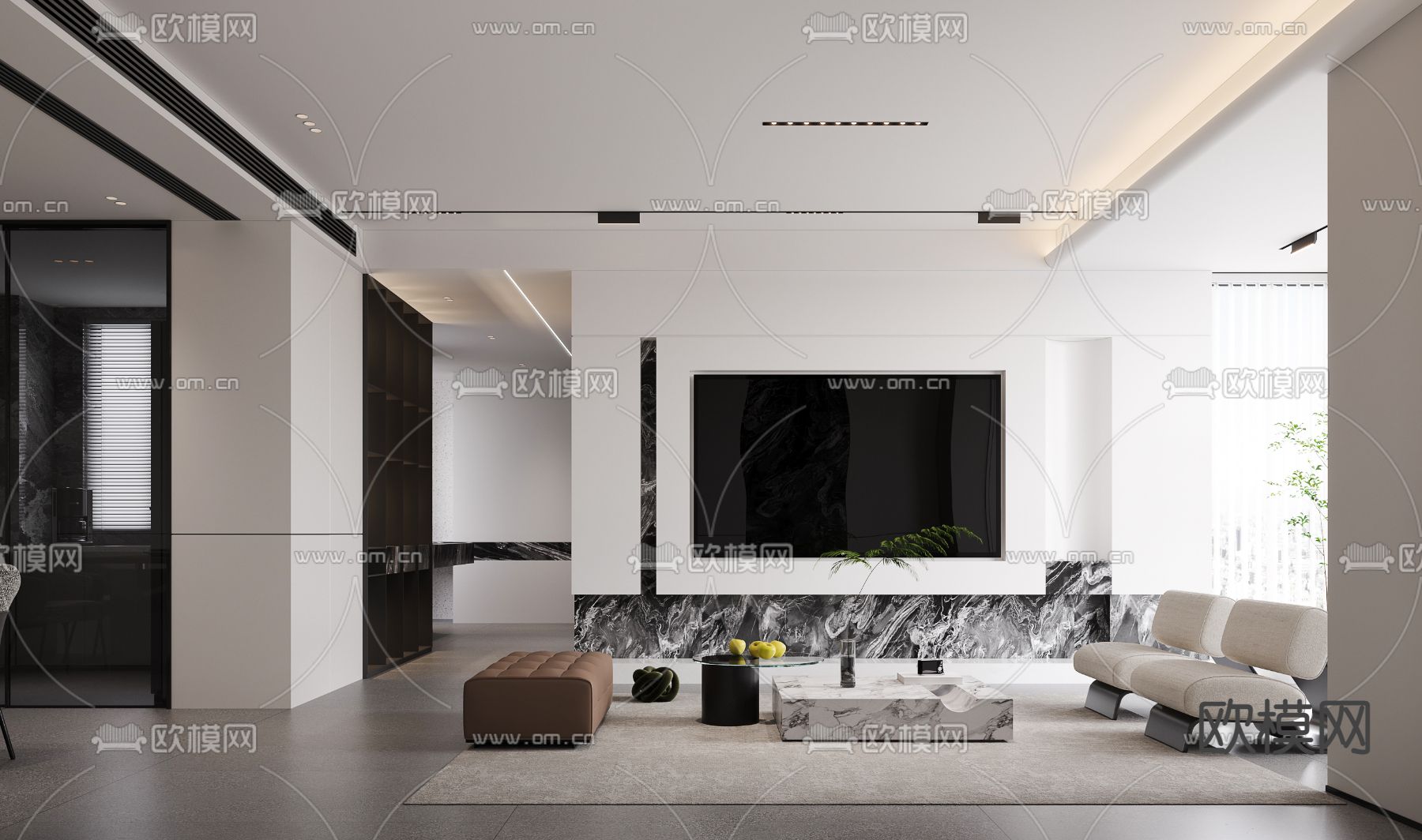 现代客厅餐厅su模型下载（渲染图1）