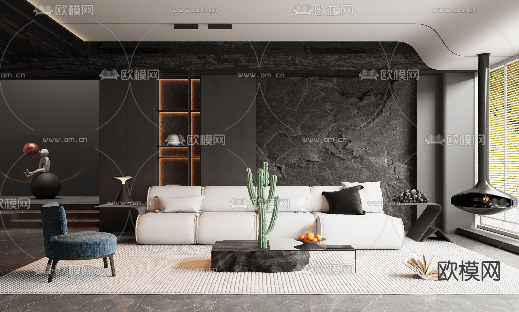 高级灰客厅3d模型下载（渲染图1）