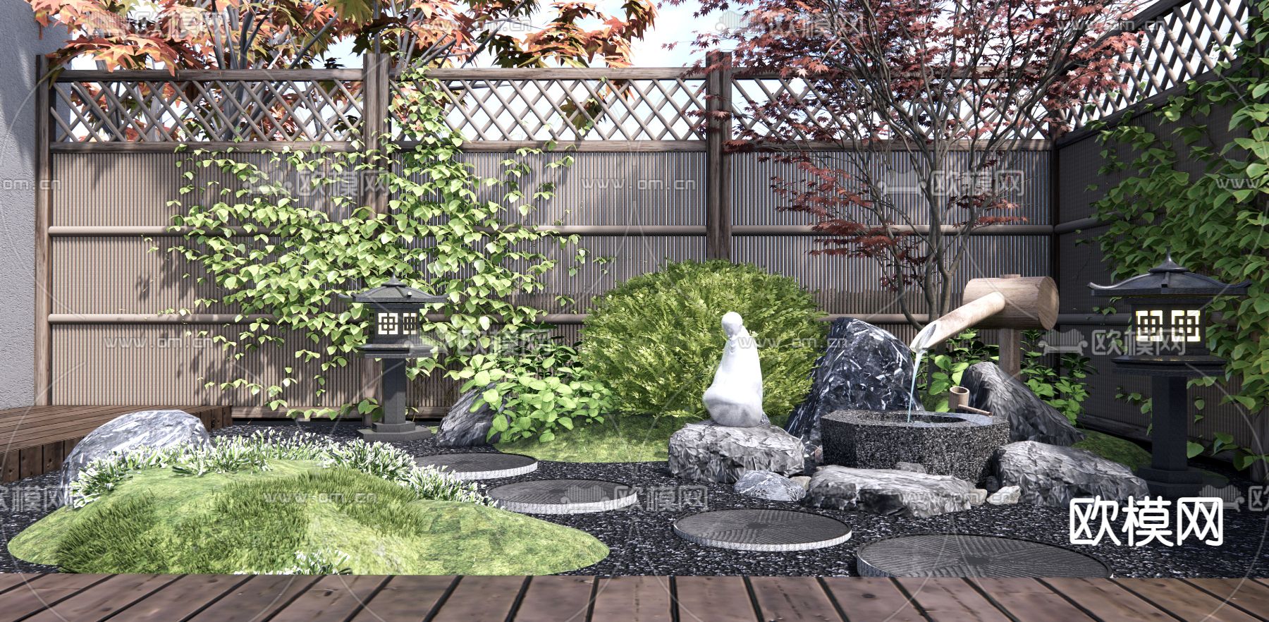 禅意枯山水庭院景观3d模型下载_ID12171120_3dmax免费模型-欧模网