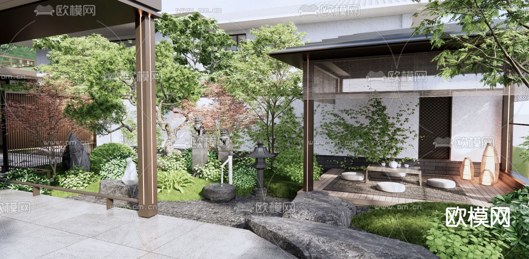 新中式别墅庭院花园3d模型下载（渲染图1）