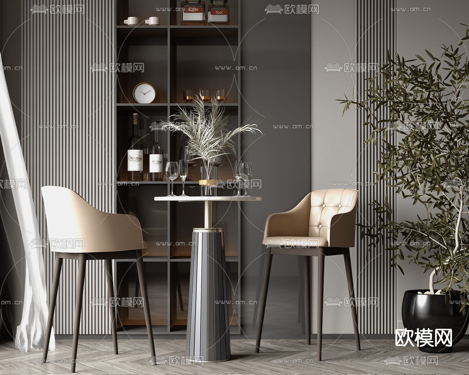 轻奢圆形吧台桌椅 休闲桌椅3d模型下载