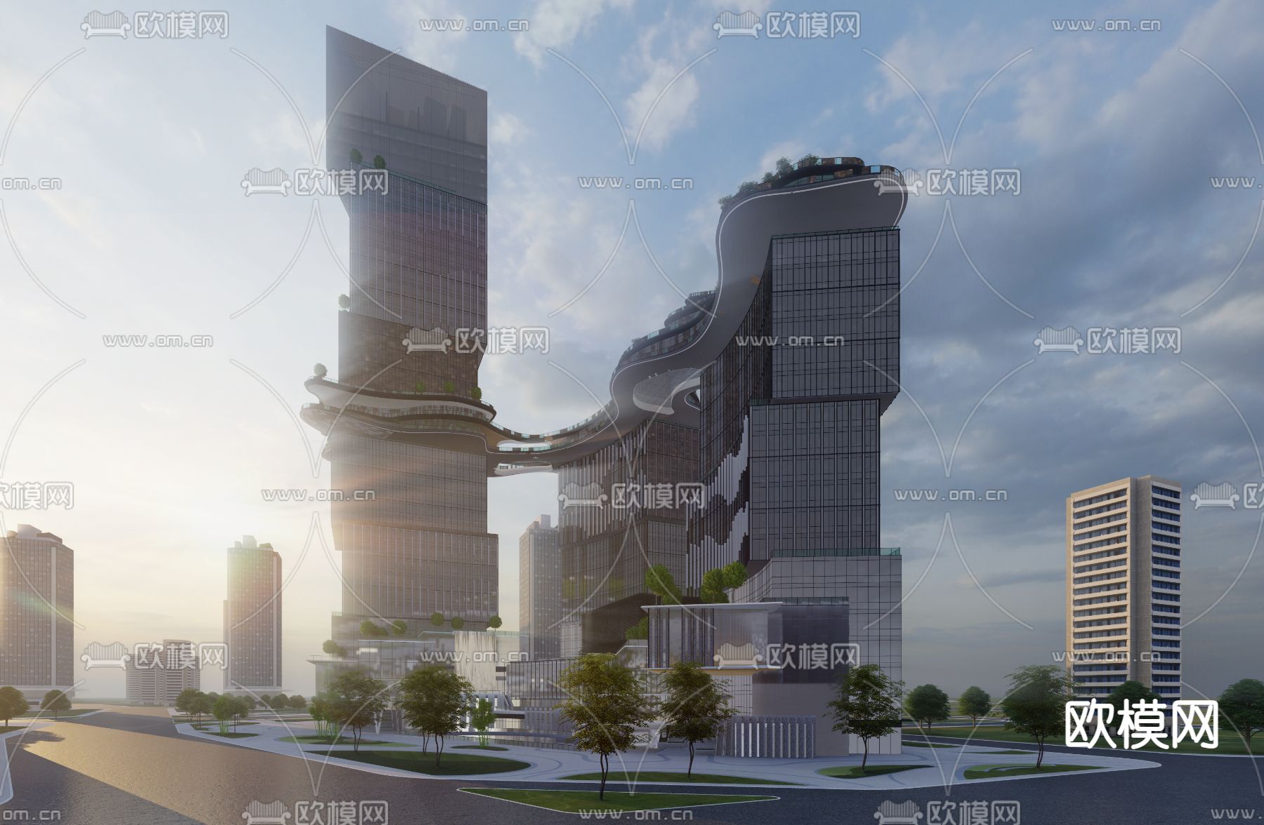现代超高层办公楼外观su模型下载（渲染图1）