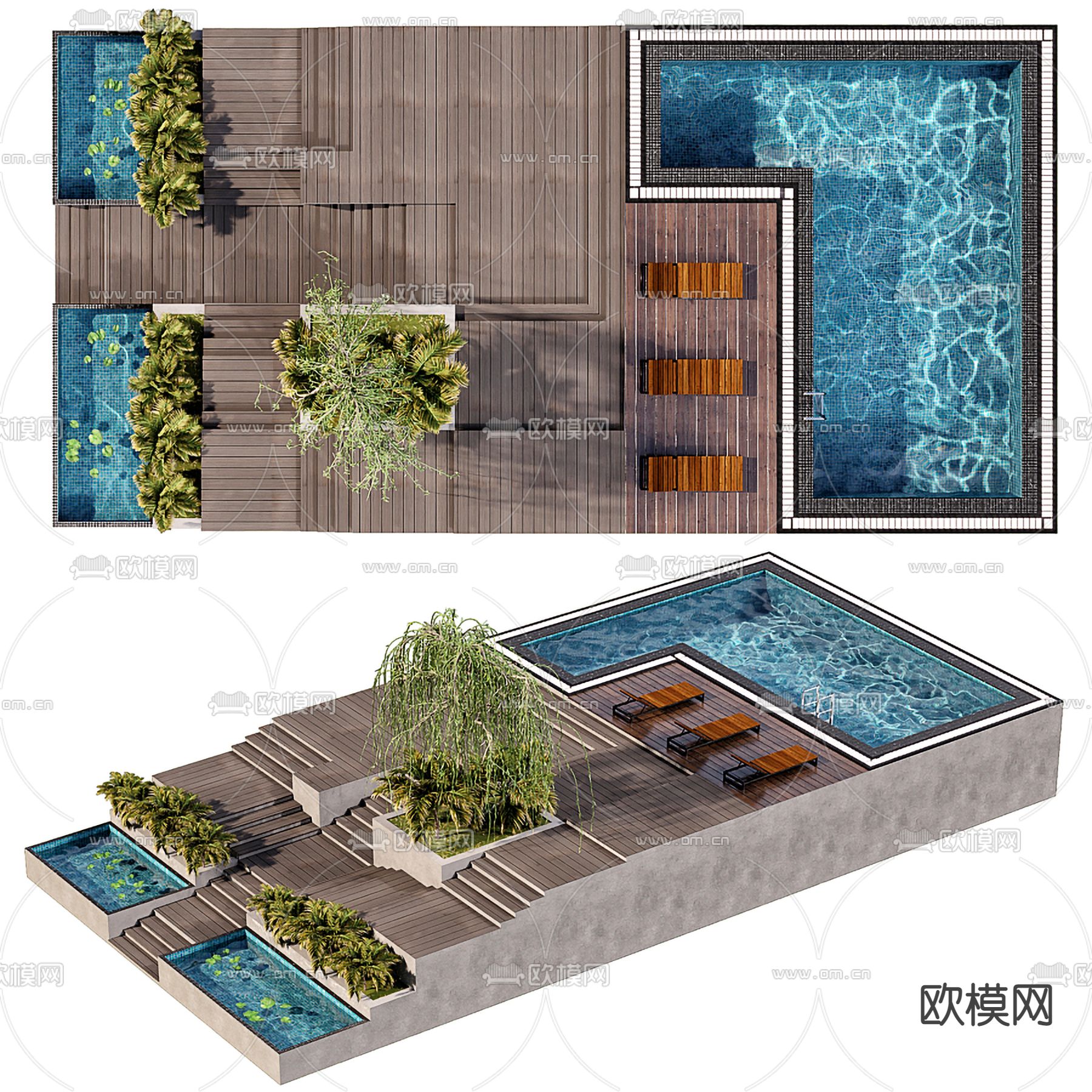 现代庭院景观 露天泳池3d模型下载（渲染图2）