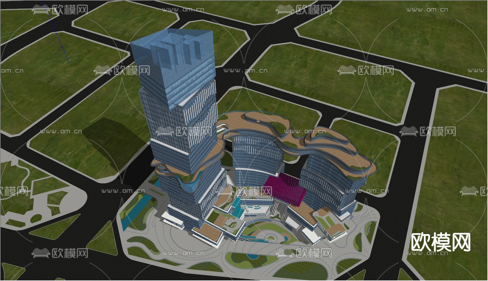 现代超高层办公楼外观su模型下载（渲染图2）