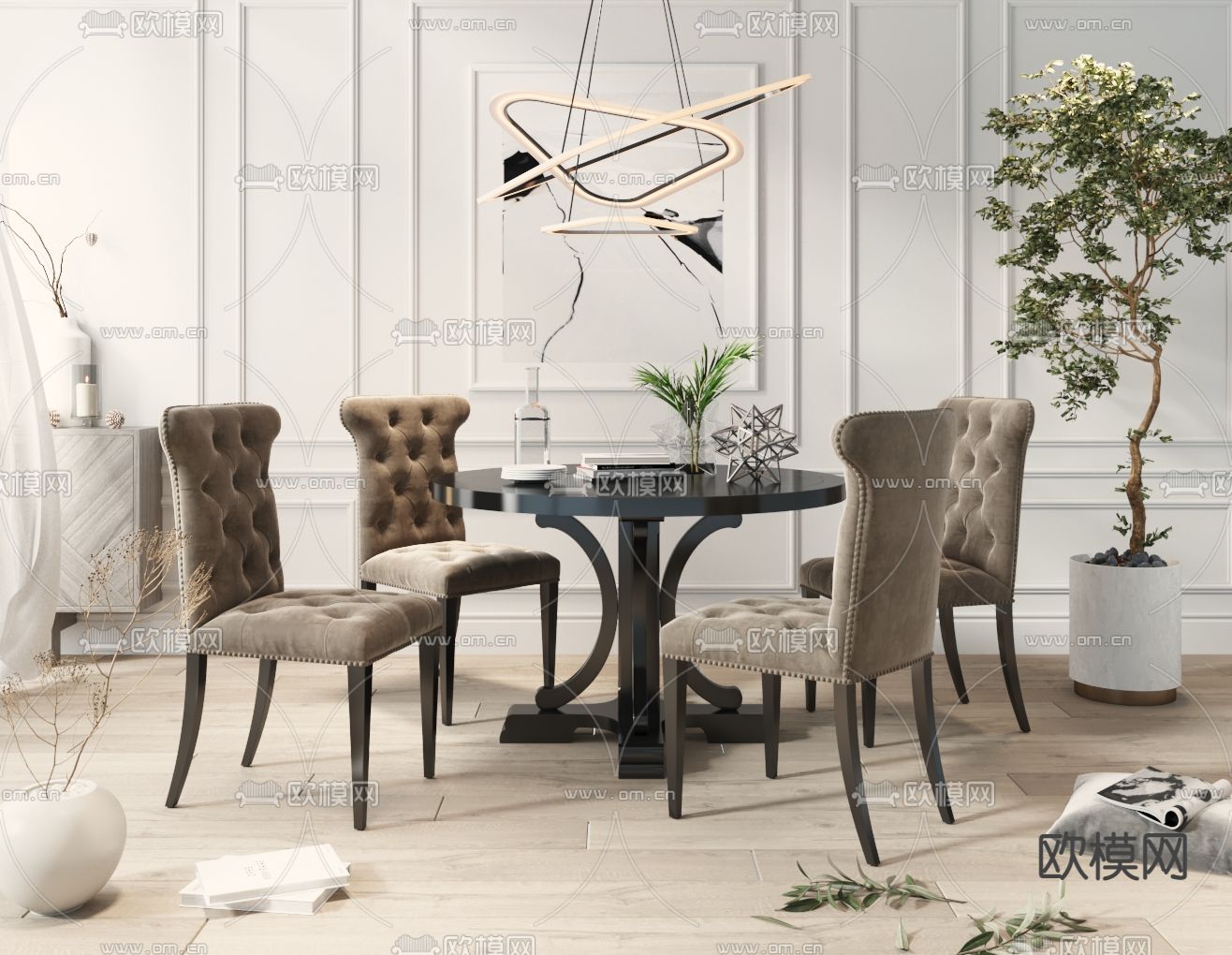 简欧圆形餐桌椅3d模型下载