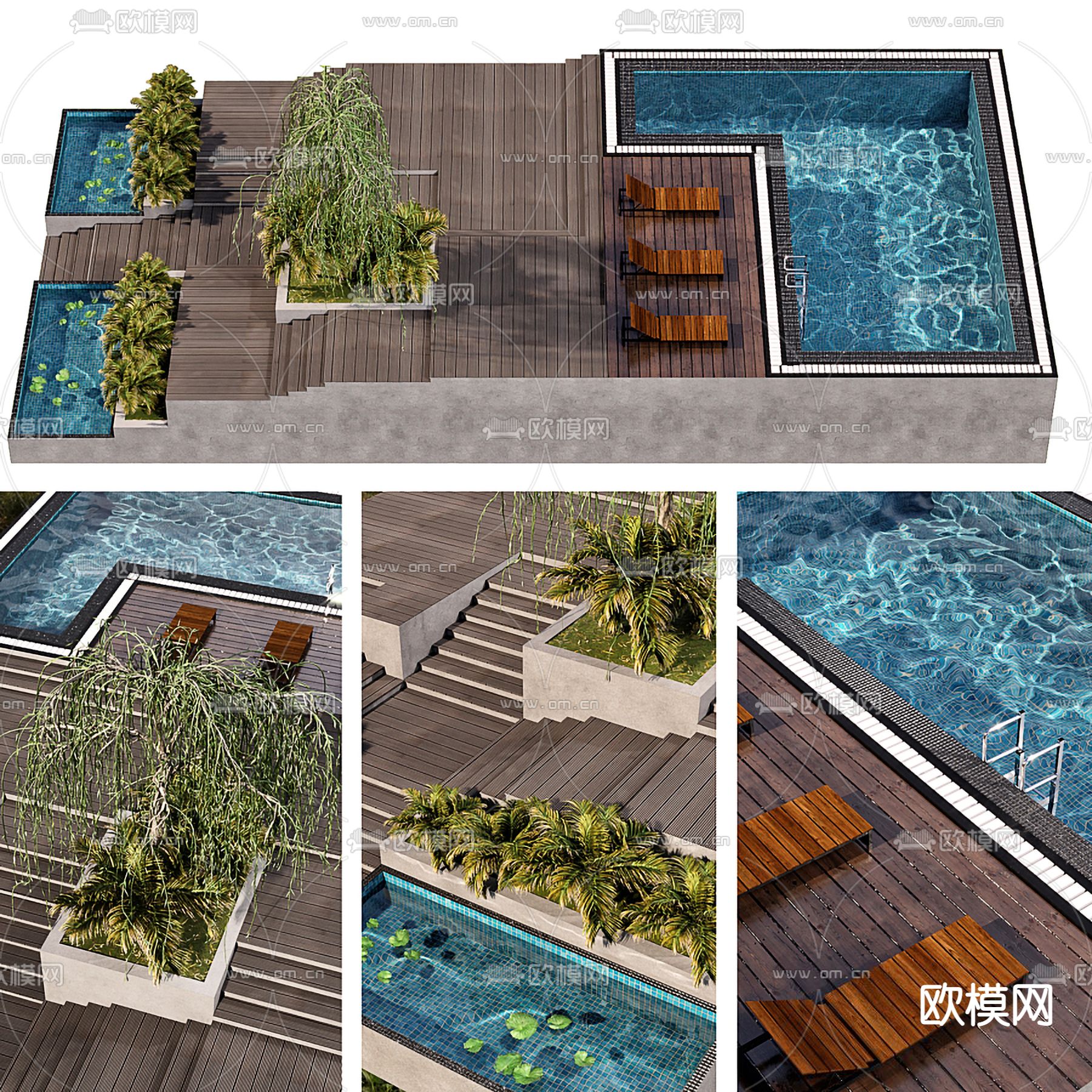 现代庭院景观 露天泳池3d模型下载（渲染图1）
