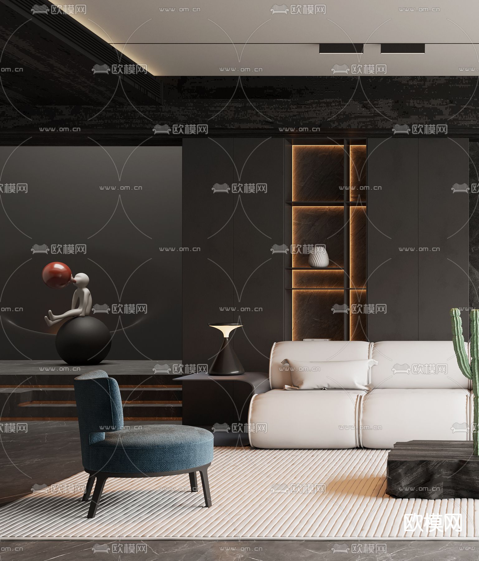 高级灰客厅3d模型下载（渲染图2）
