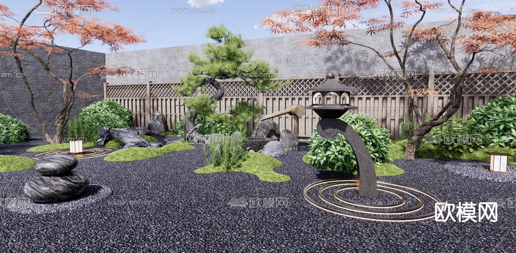 日式禅意山水庭院花园3d模型下载（渲染图3）