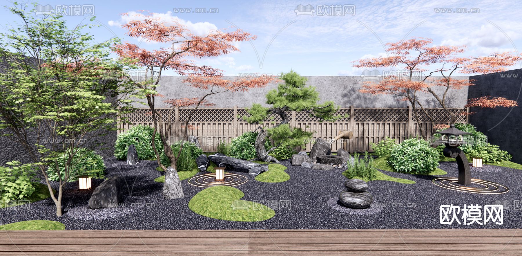 日式禅意山水庭院花园3d模型下载（渲染图1）