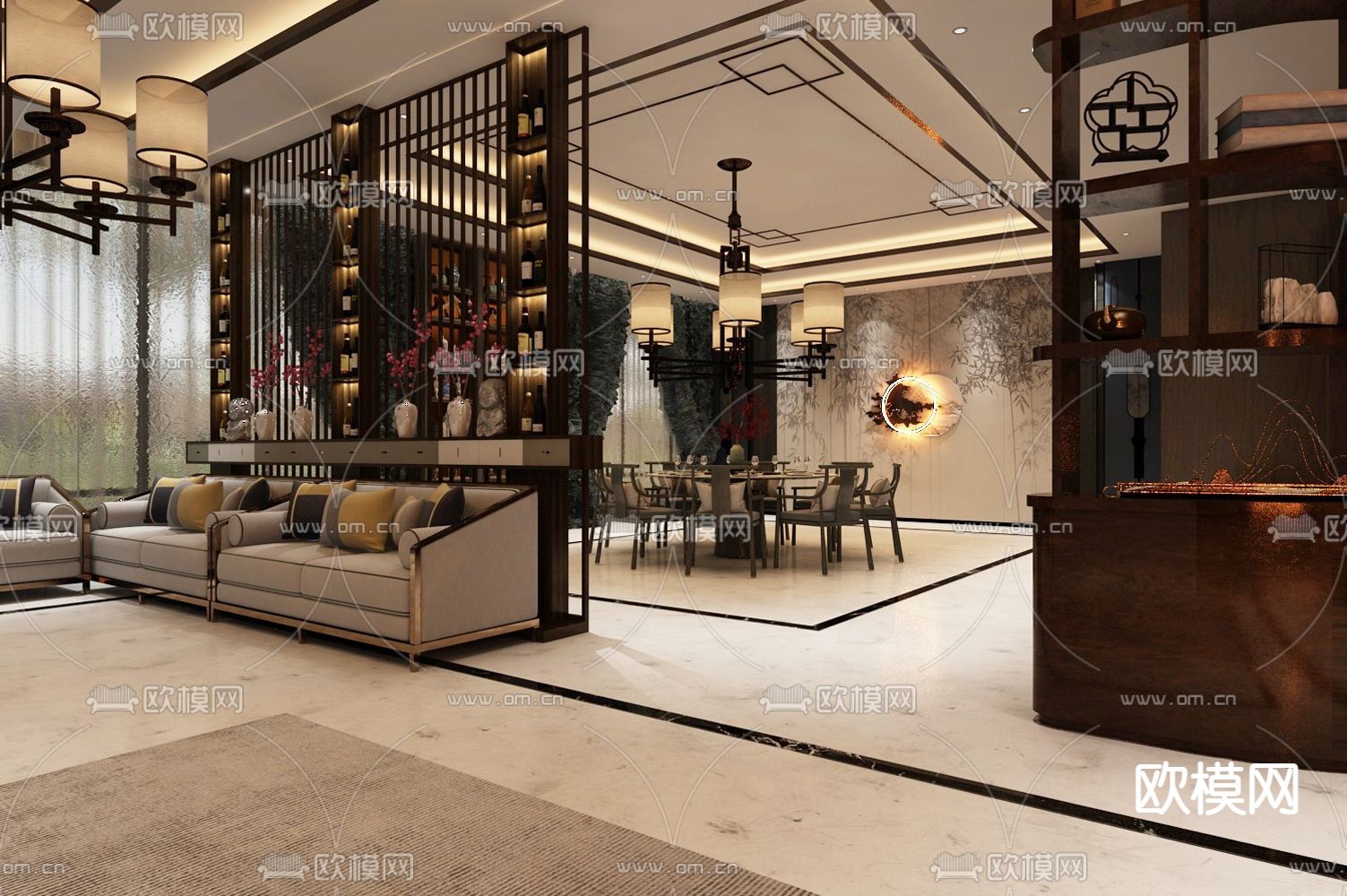 新中式餐厅豪包免费3d模型下载（渲染图1）