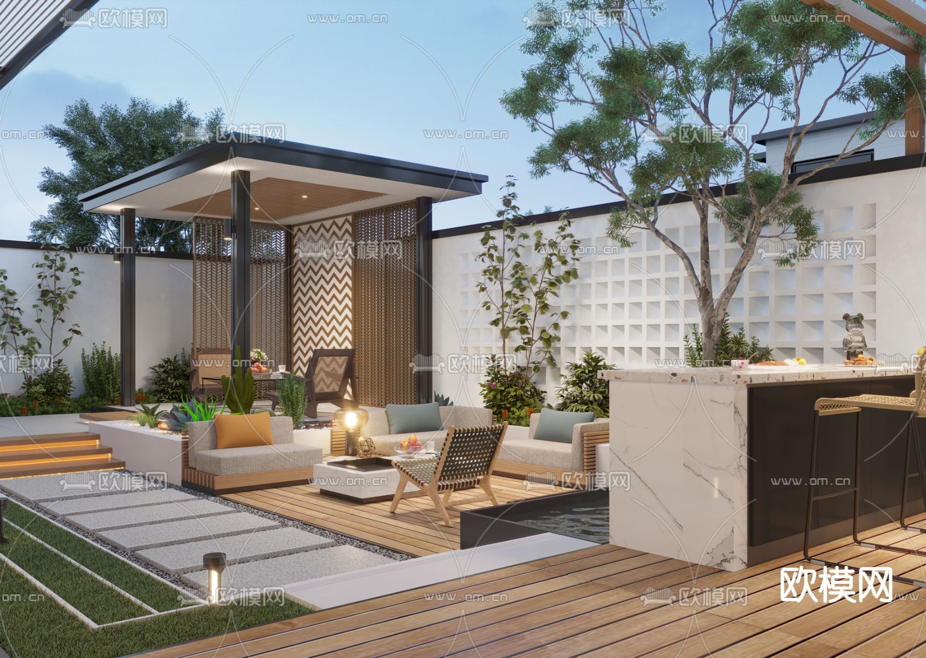 现代庭院 阳台花园景观3d模型下载_ID12171819_3dmax免费模型-欧模网