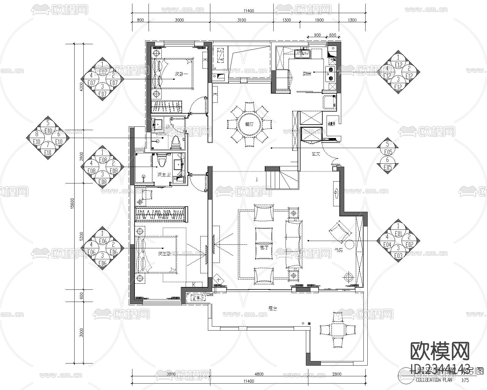 住宅平面布置CAD施工图下载（渲染图1）