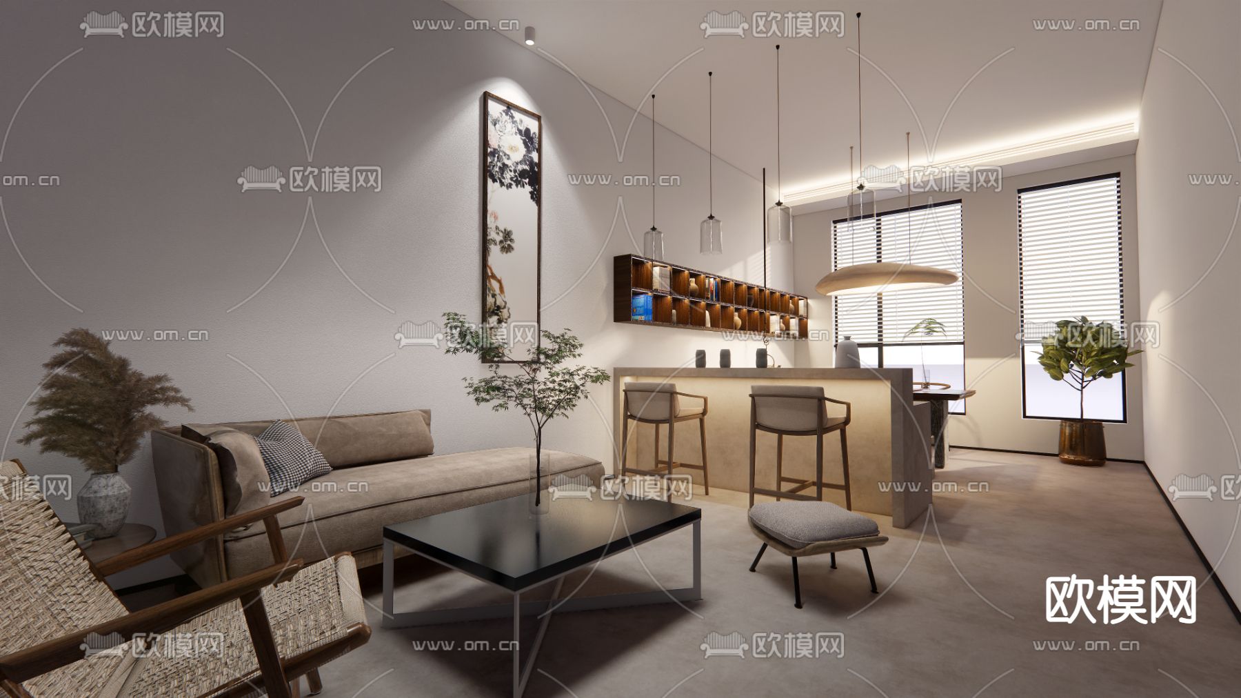 新中式公司接待室su模型下载（渲染图3）