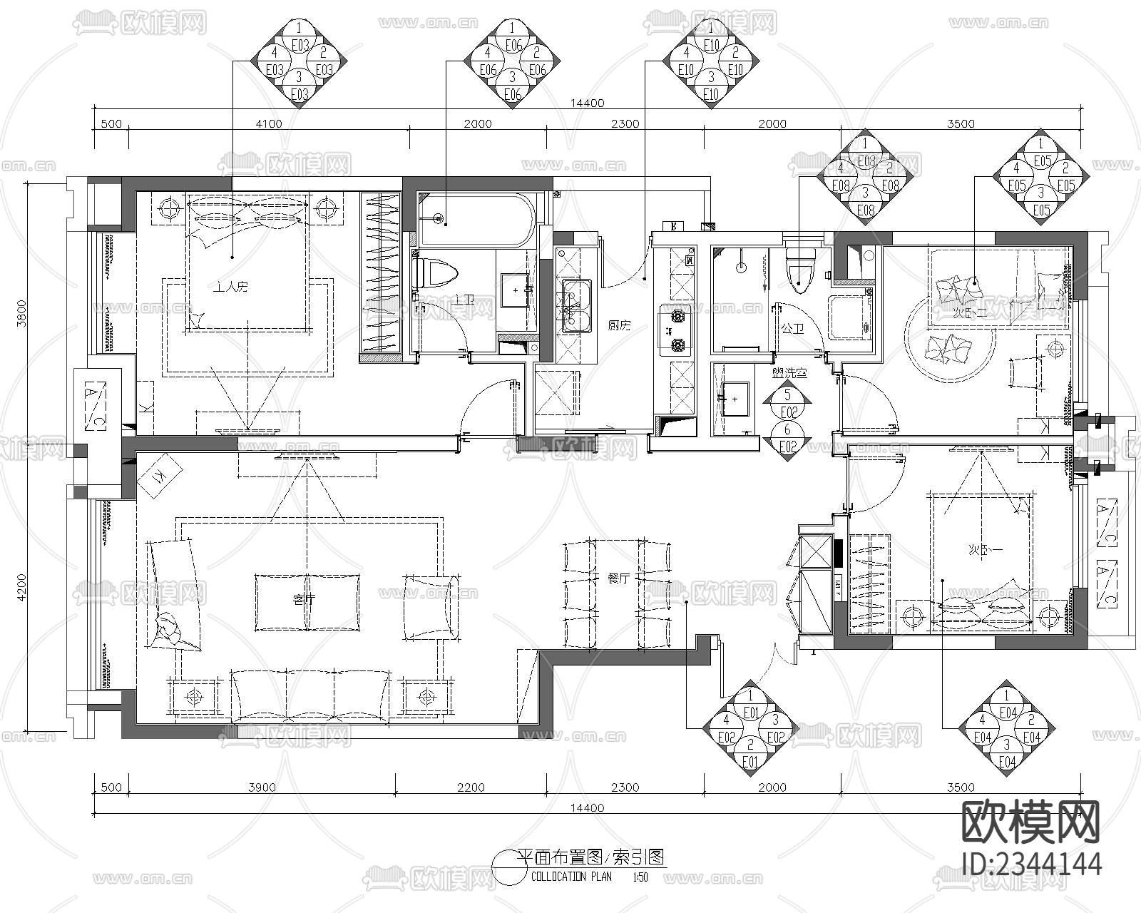 住宅平面布置CAD施工图下载（渲染图3）