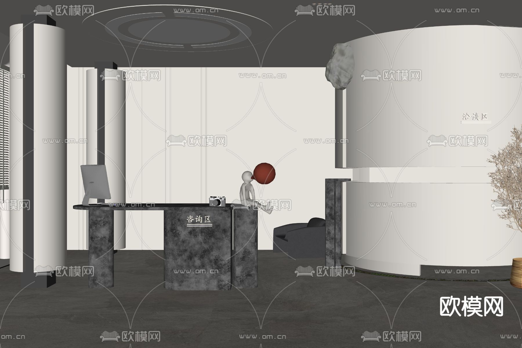 现代办公室前台接待su模型下载（渲染图2）