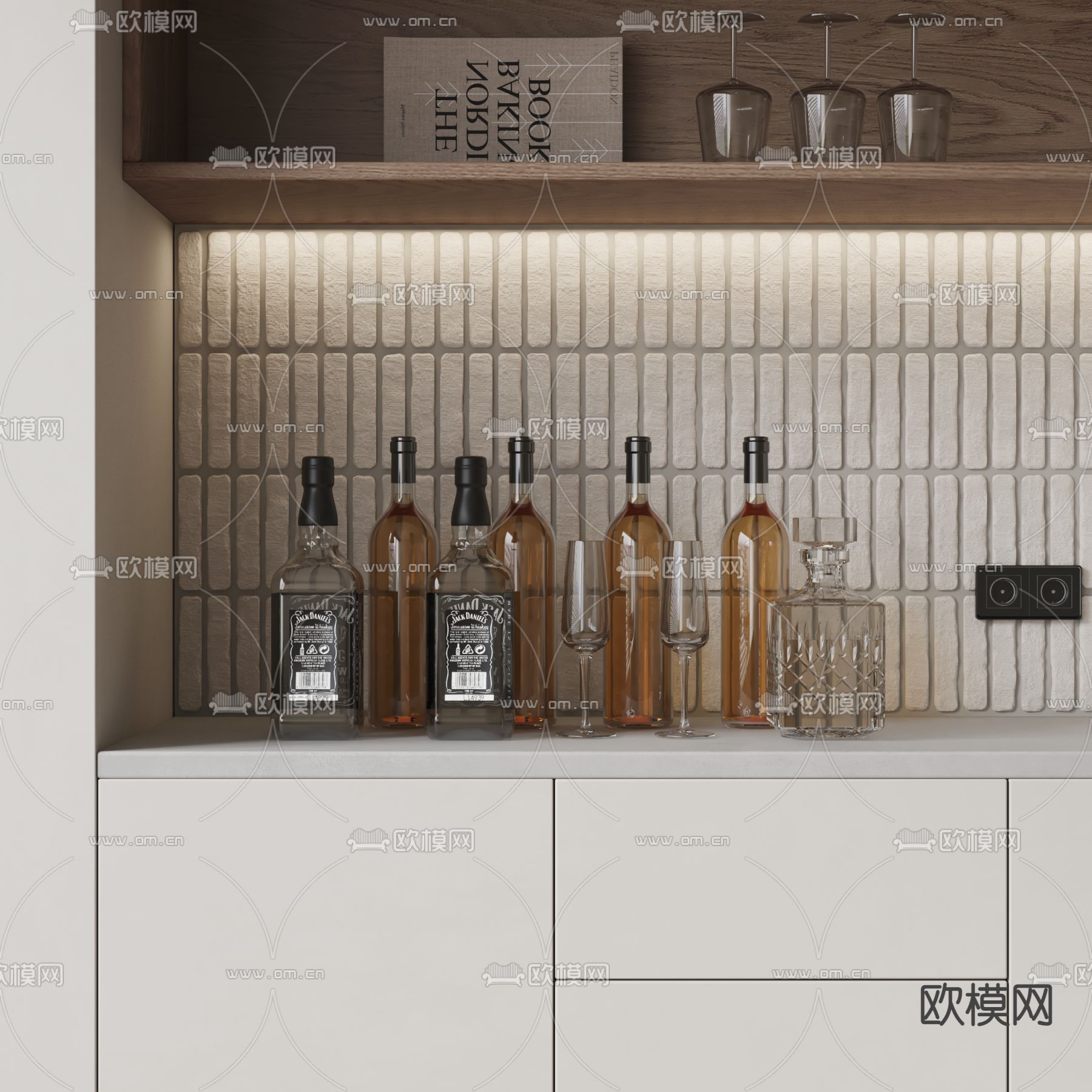 现代酒瓶 酒杯3d模型