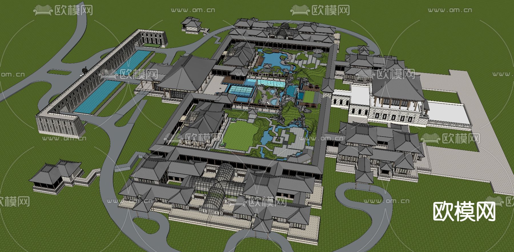 新中式博物馆展览馆鸟瞰su模型