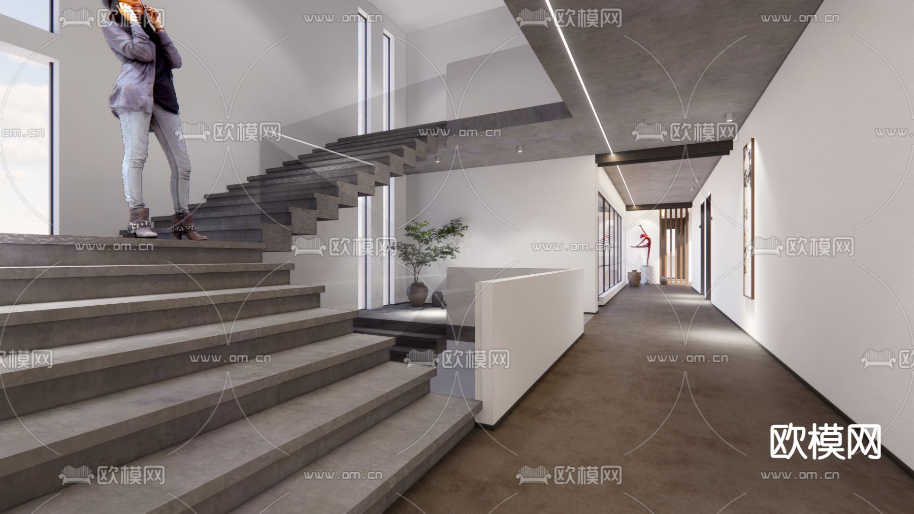 现代办公楼过道su模型下载（渲染图1）