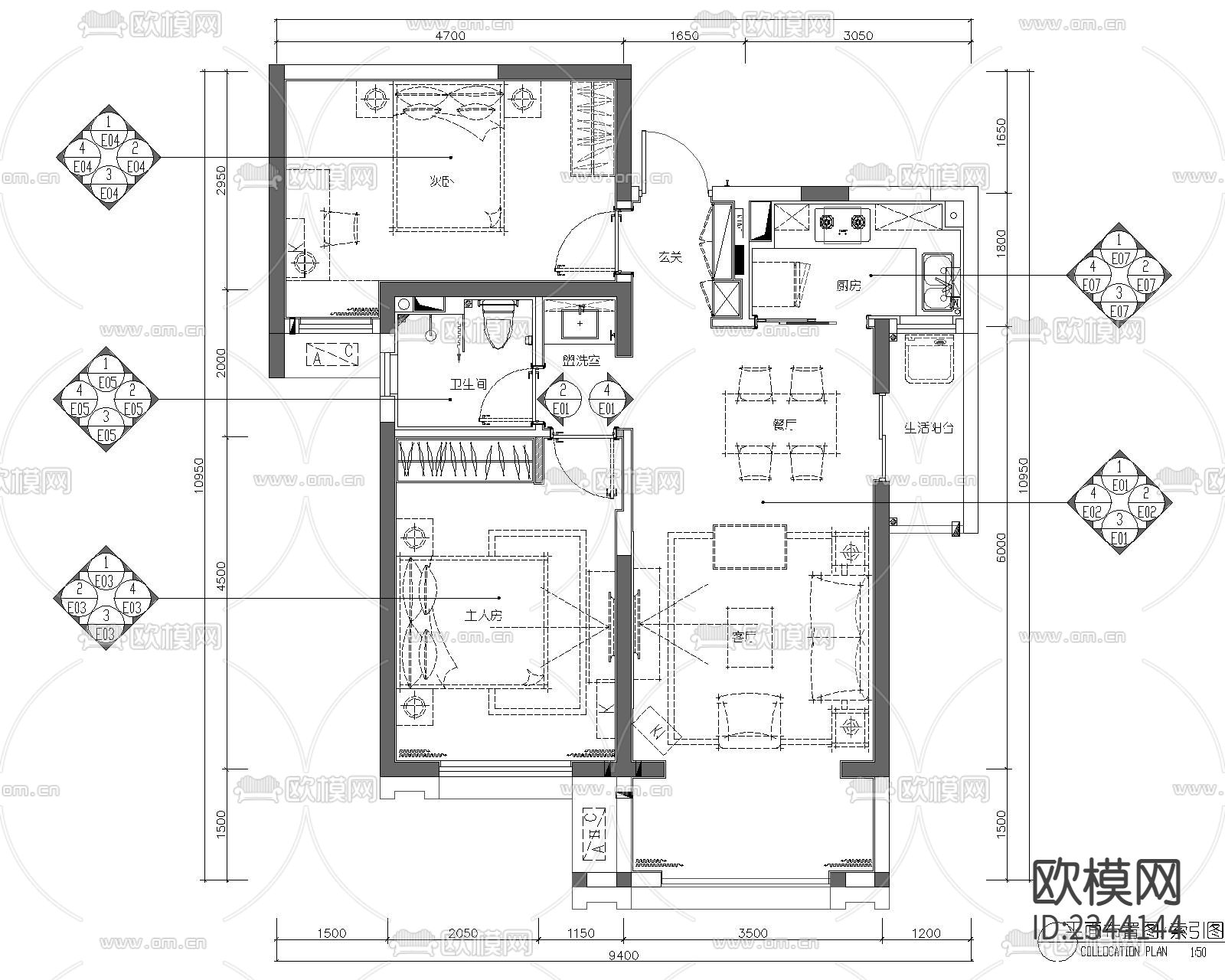 住宅平面布置CAD施工图下载（渲染图2）