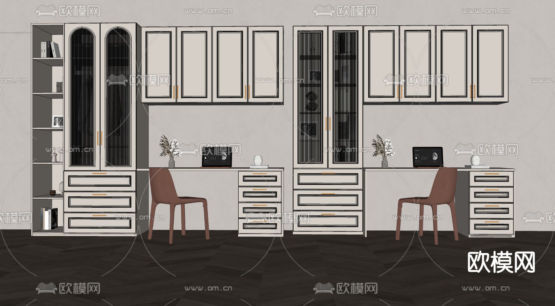 美式一体书桌书柜su模型下载（渲染图2）