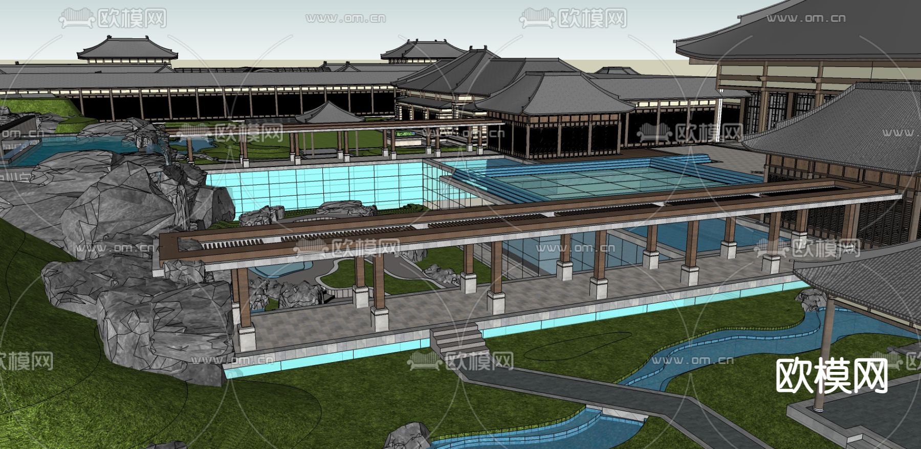 新中式博物馆展览馆鸟瞰su模型