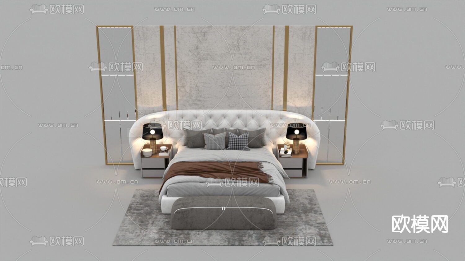 现代轻奢背景墙布艺双人床免费3d模型下载