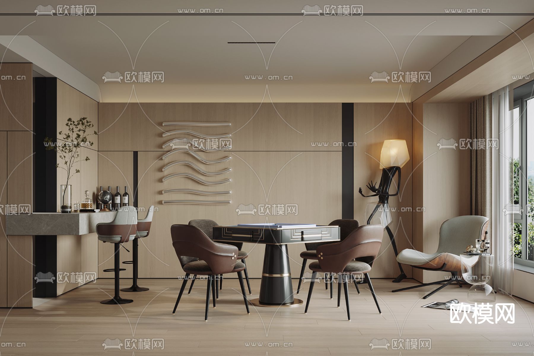 现代棋牌室 麻将室3d模型下载（渲染图1）