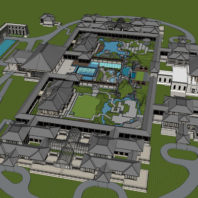 新中式博物馆展览馆鸟瞰su模型