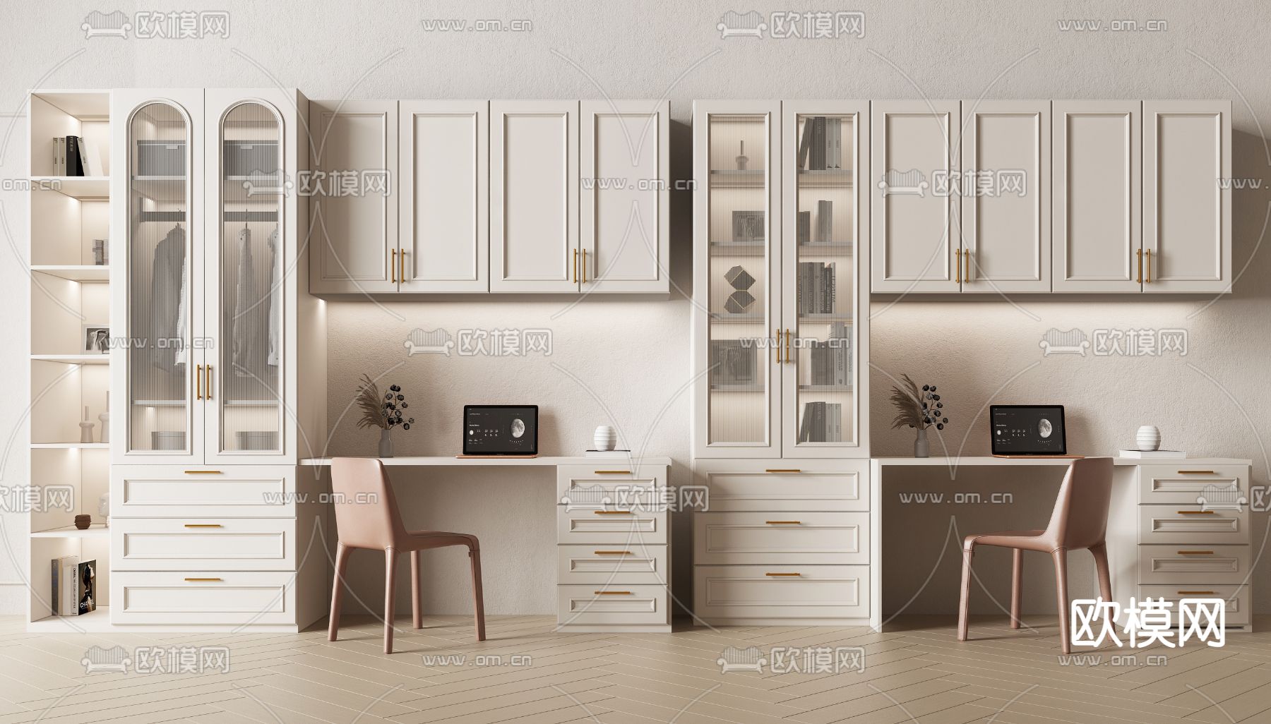 美式一体书桌书柜su模型下载（渲染图1）