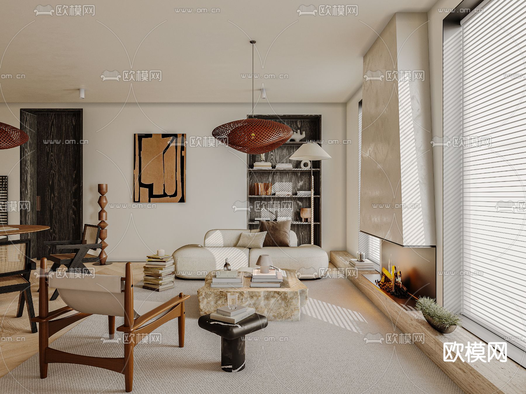 侘寂风客餐厅3d模型下载（渲染图1）