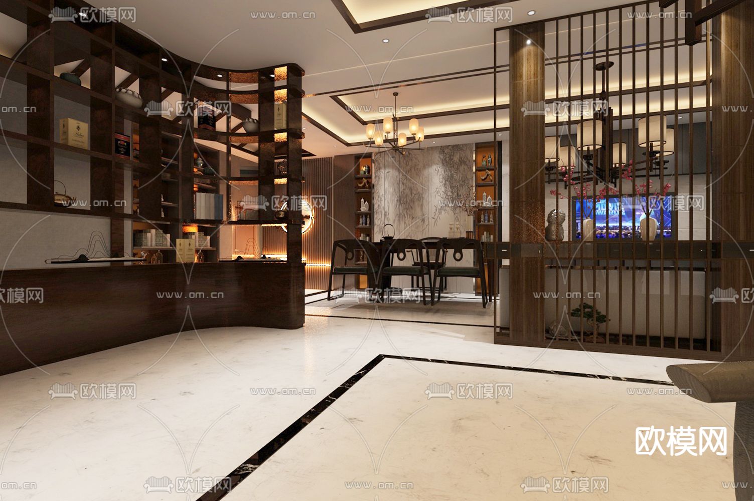 新中式餐厅豪包免费3d模型下载（渲染图2）