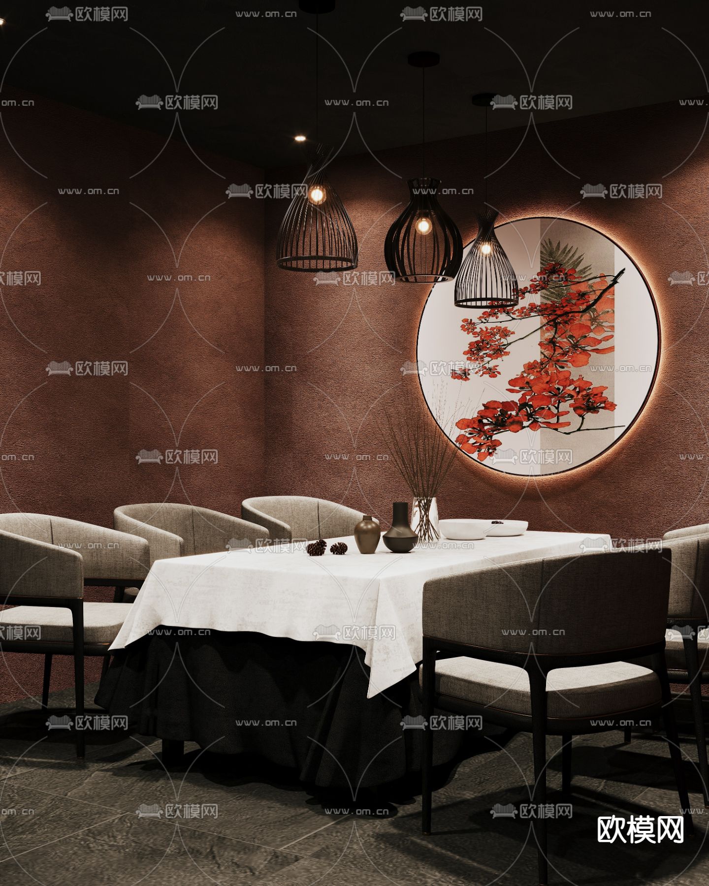 新中式中餐厅3d模型下载（渲染图2）