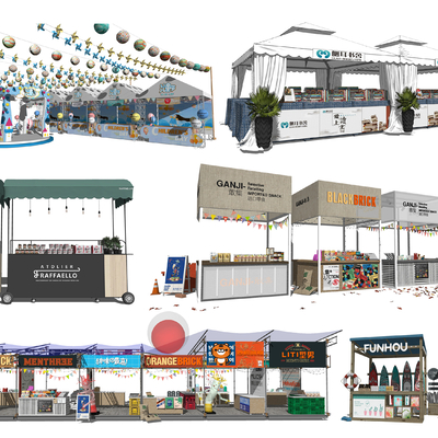  集市摊位 售货亭 移动餐车su模型 