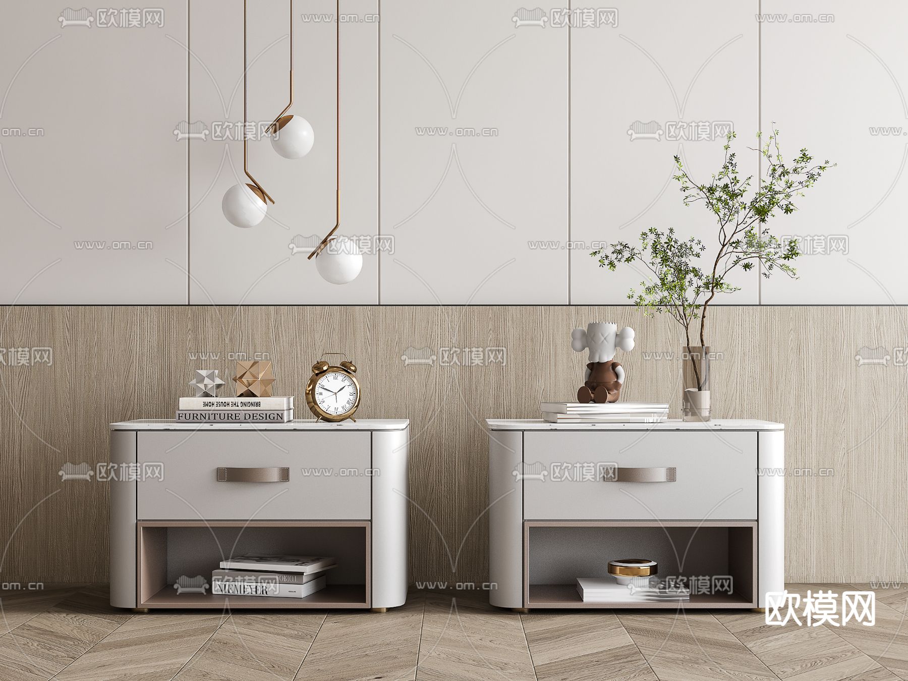 现代床头柜su模型下载（渲染图1）