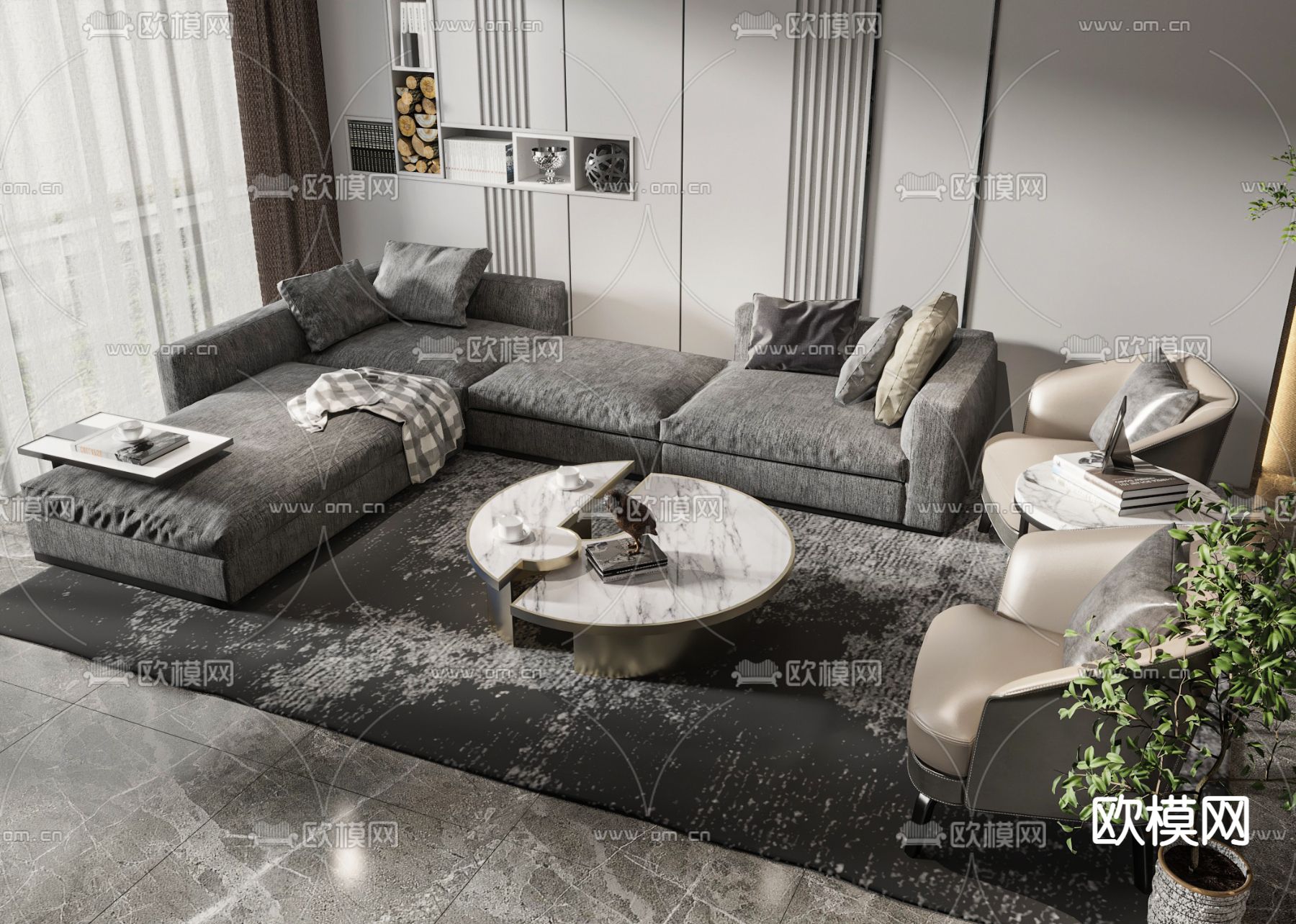 高级灰转角组合沙发3d模型下载