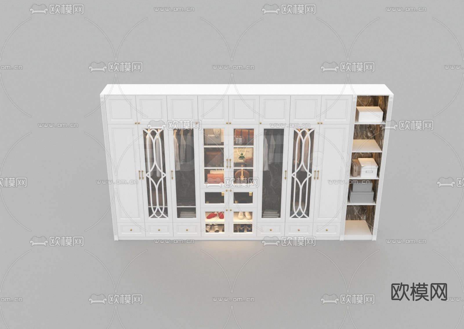 简欧实木玻璃门衣柜免费3d模型下载