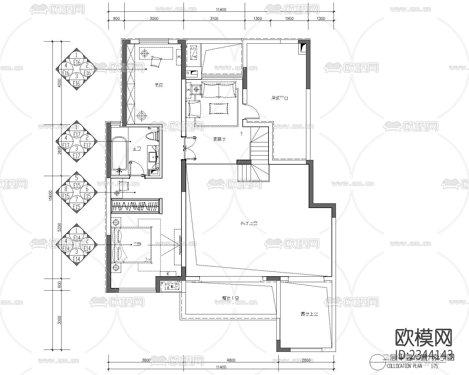 住宅平面布置CAD施工图下载（渲染图3）