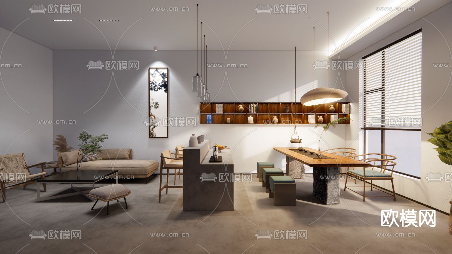 新中式公司接待室su模型下载（渲染图1）