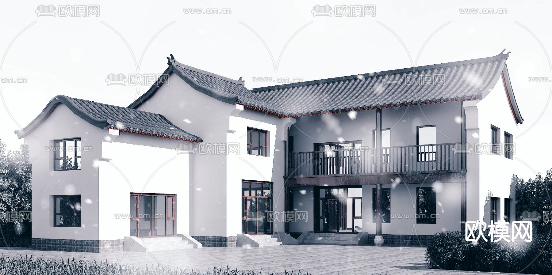 中式独栋别墅建筑外观3d模型下载