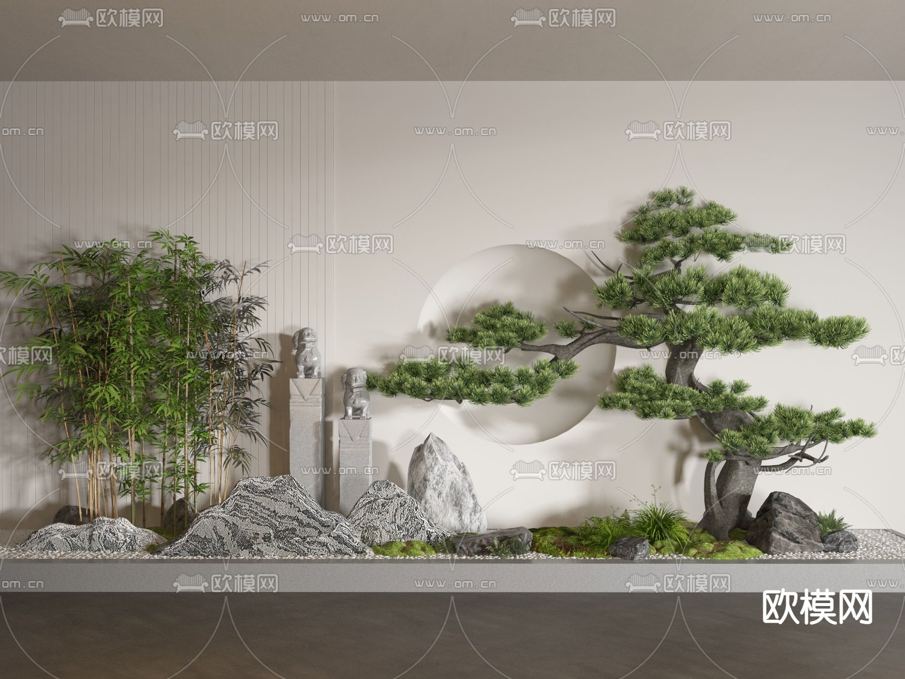 新中式假山绿植 景观小品3d模型下载